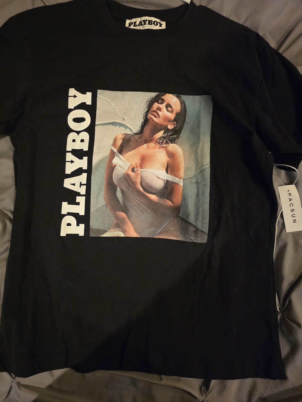 PLAYBOY Black Tee with White Logo and Photo Print
